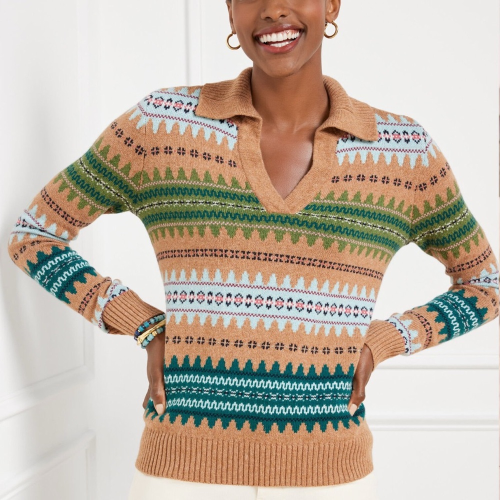 Talbots Women's Fair isle Patterned Johnny collar Sweater - Tan and Green